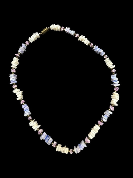 Puka Chip Shell Necklace White Purple Goldtone Barrel Clasp 16 Inch