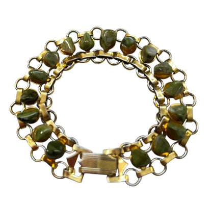 Vintage Goldtone Green Stone Bracelet 7 inch Foldover Clasp