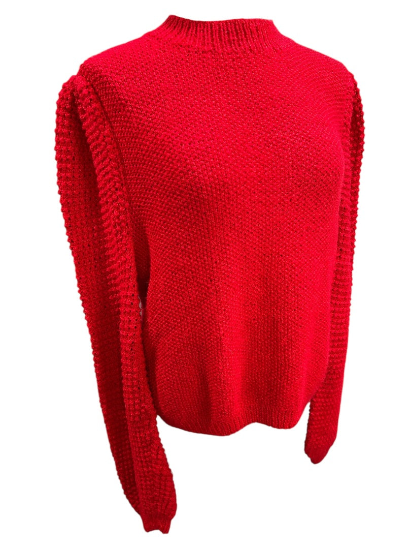1960s Red Hand Knit Sweater Mock Neck Womens Soft