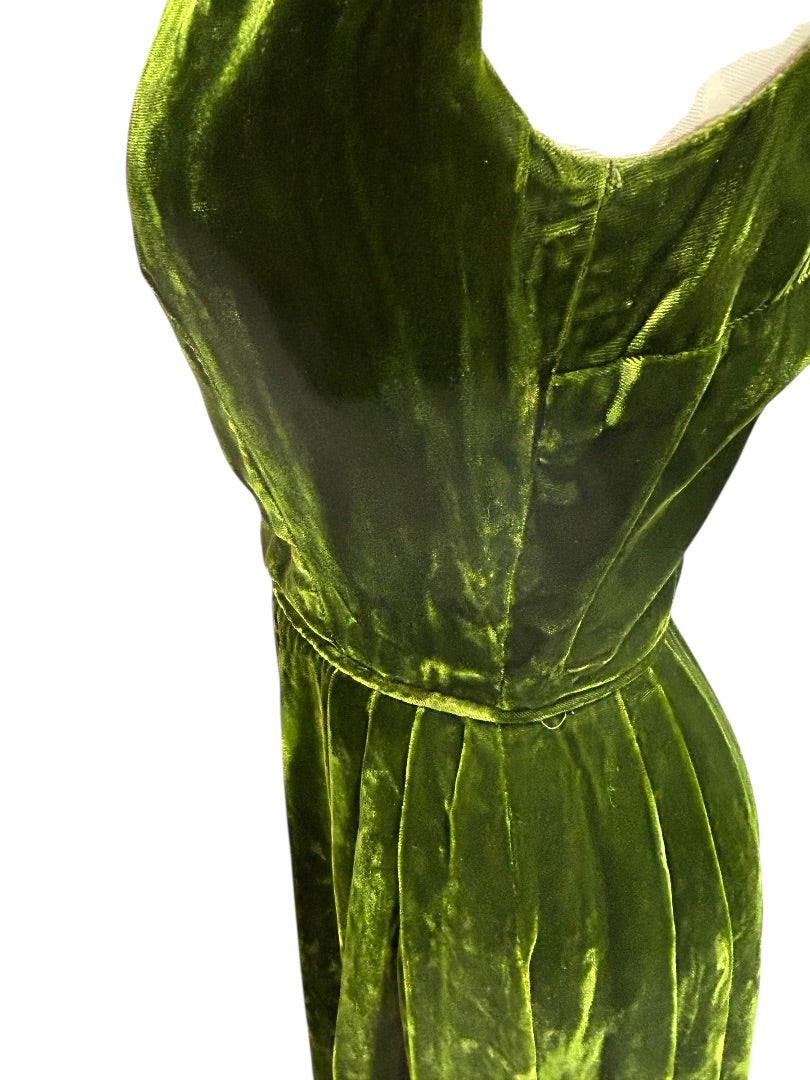 Myra Bushman Dress Green Velvet Sleeveless Gown Vintage 60s Formal USA
