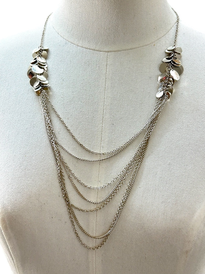 Silvertone Tiered Necklace Multistrand Circles 23-26 Inches 4 Inch Drop