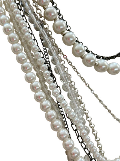 Mixed Beads Multistrand Tiered Necklace White Silvertone Pewter Oversize Lobster Clasp