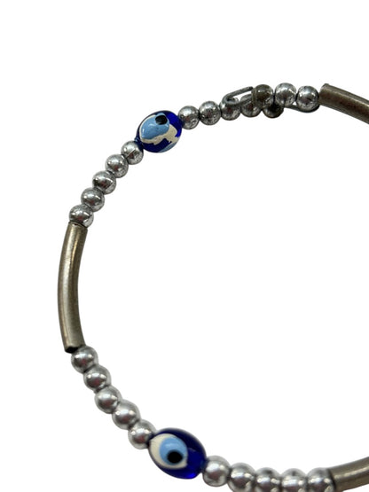 Silvertone Adjustable Bangle Bracelet Beaded Open Wire Blue Beads
