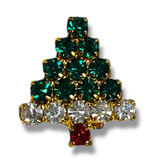 Goldtone Rhinestone Small Christmas Tree Brooch .5 Inch Red Green Vintage