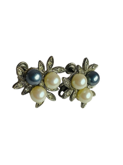 Silvertone Non-Pierced Screwback Earrings Faux Pearl Cluster 1 Inch