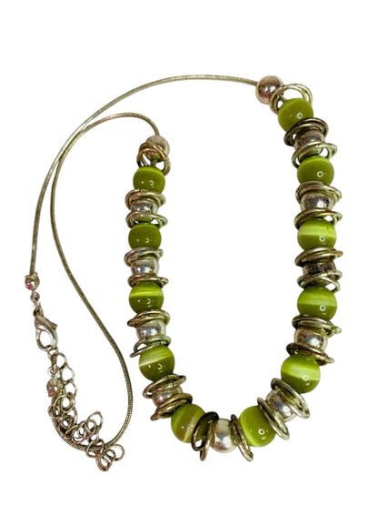 Silvertone and Green Beaded Necklace Snake Chain 17-22 Inch Lobster Clasp
