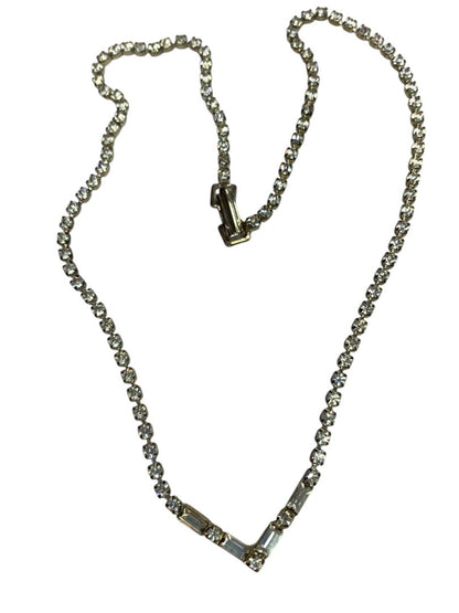 Vintage Rhinestone V Shape Necklace 15 Inch Silvertone Foldover Clasp