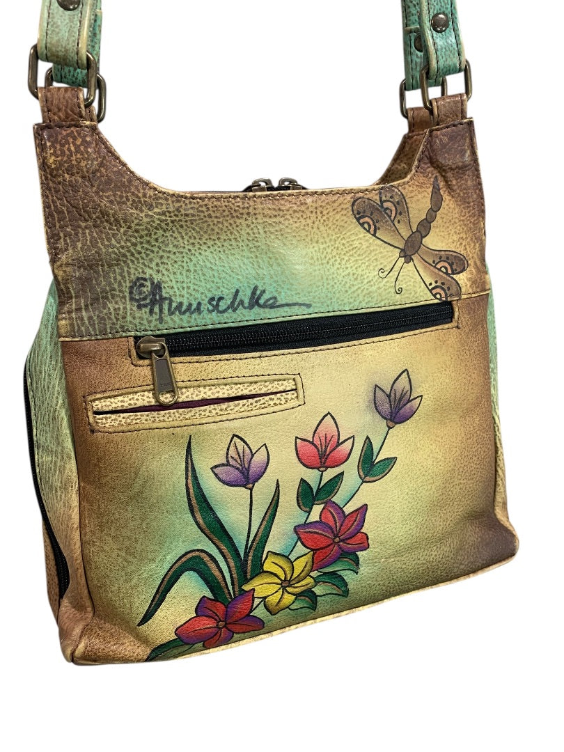 Anuschka Flower Leather 3 Compartment Shoulder Bag Hand-Painted USA