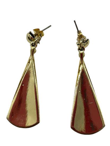 Brushed Goldtone Earrings Post Pierced Red Cabochon 1.75 Inch Drop