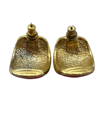 1980s Post Pierced Retro Earrings Curved Dark Pink Goldtone .75"