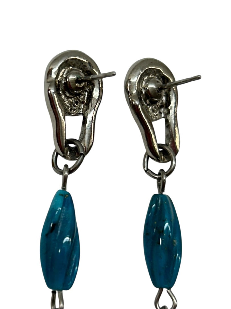 Silvertone Faux Turquoise Pierced Earrings 2.5 Inch Drop Dangle