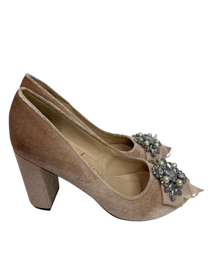 Size 5.5 Sole Society Womens Beige Velvet Embellished 3" Block Heels