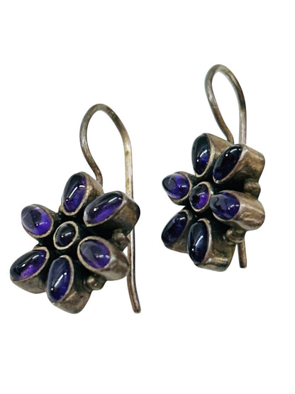 Sterling Silver 925 Flower Earrings Purple Fish Hook 1 Inch