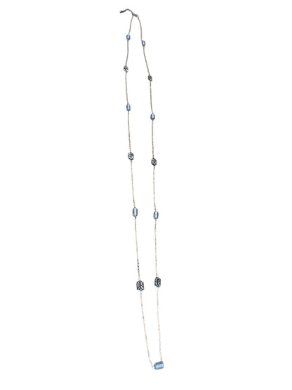 Small Blue Bead and Silvertone Bead Chain Adjustable Necklace 57 Inch