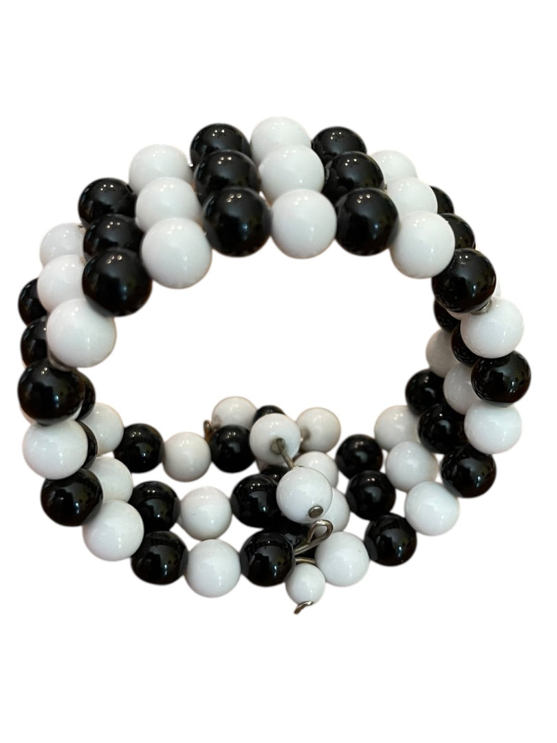 Vintage 3 Strand Black White Beaded Adjustable Cuff Bracelet