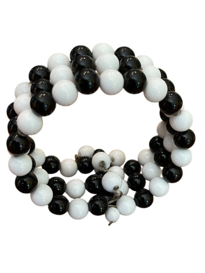 Vintage 3 Strand Black White Beaded Adjustable Cuff Bracelet