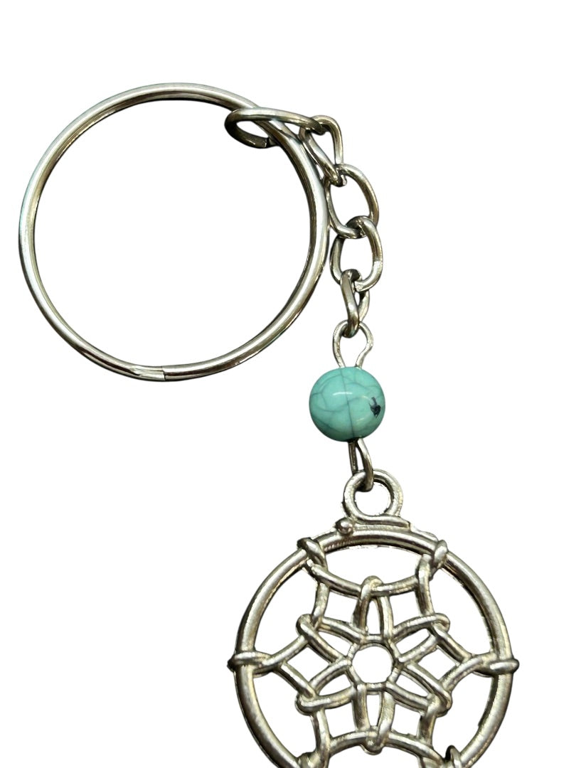 Silvertone Faux Turquoise Dream Catcher Keychain Keyring 4.5"