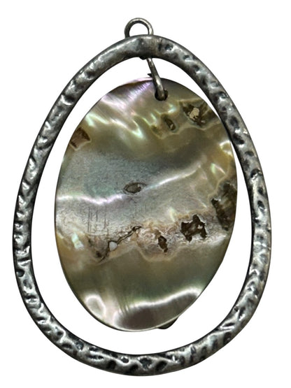 Reversible Pendant Mother of Pearl Silvertone Hammered 1.5"