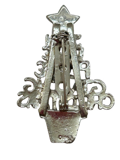Vintage Silvertone Christmas Tree Brooch Pin 2" Joy Love Peace Giving