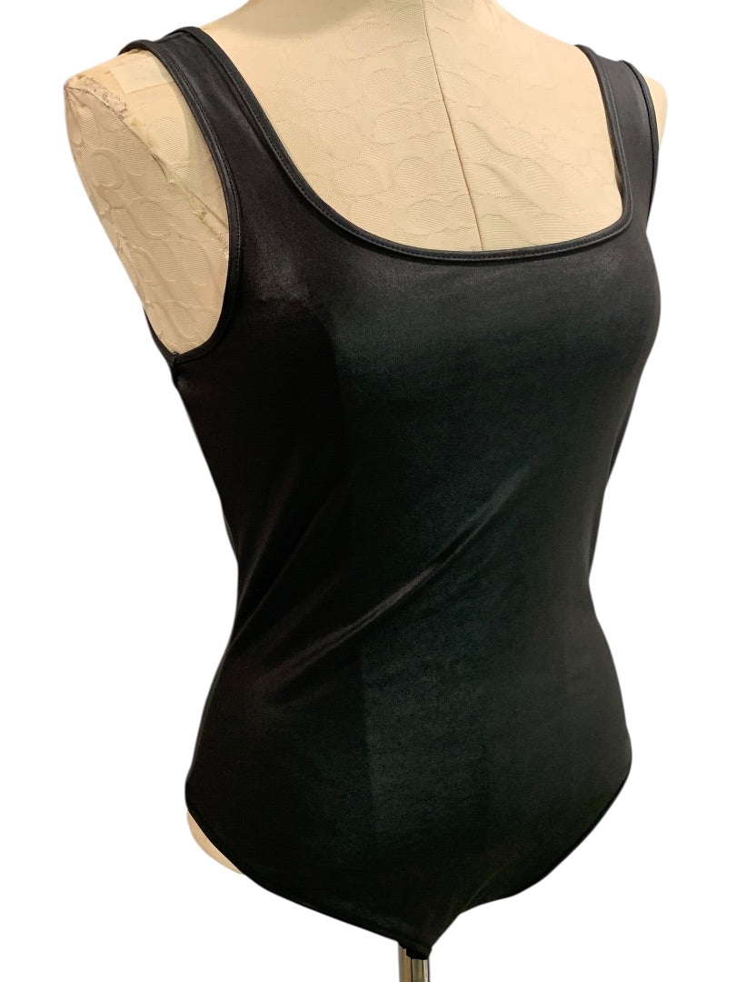 Medium Iris Womens Black Coated Bodysuit Sleeveless Scoop Neck