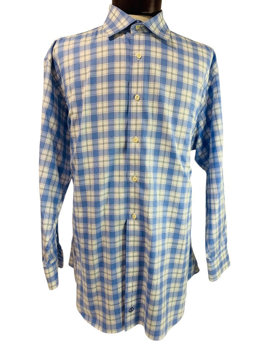 17.5 (32/33) David Donahue Mens Button Up Dress Shirt Plaid Blue