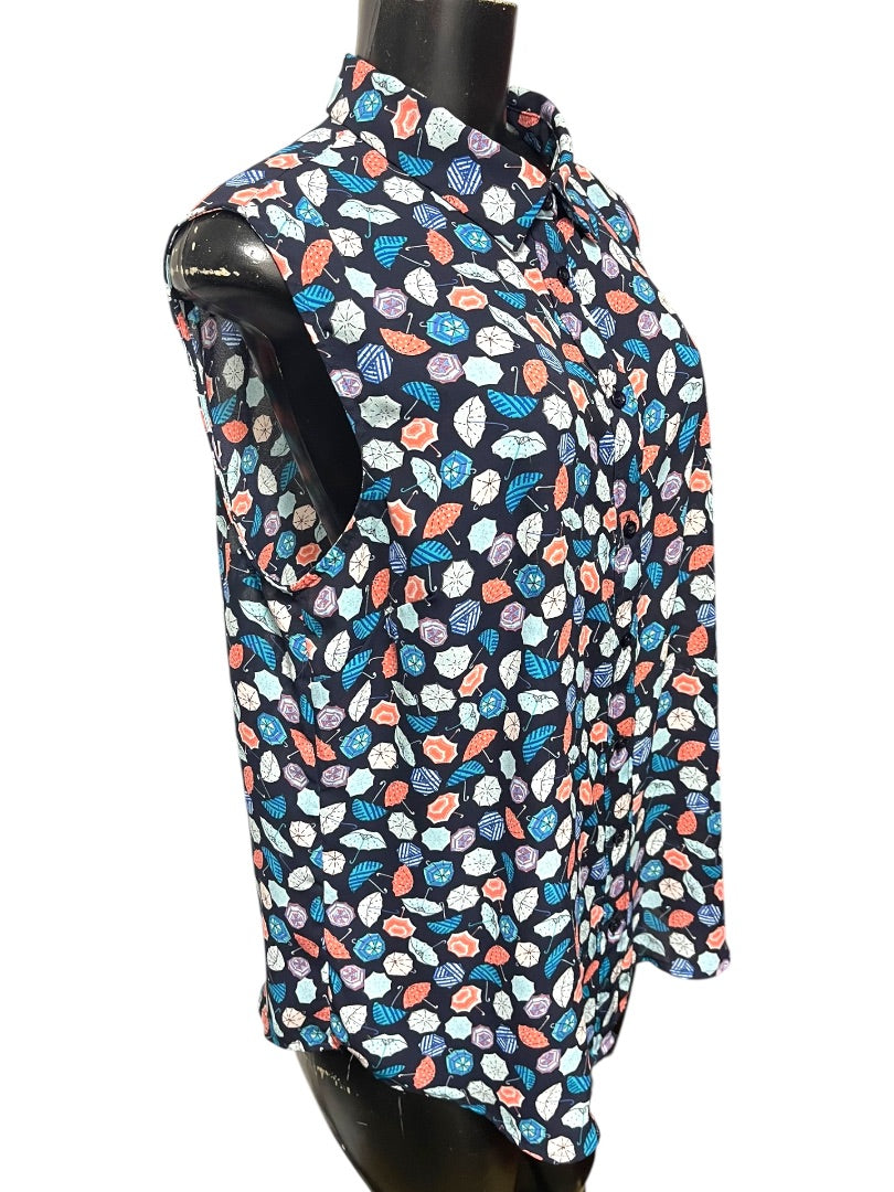 Large Talbots Button Up Collared Sleeveless Umbrella Patterned Shirt