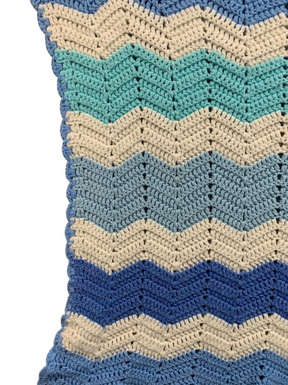 Vintage Crochet Baby Blanket Chevron Blue White 26" x 32"