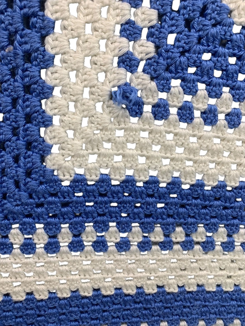 Vintage Crochet Boho Blue White Afghan Blanket Throw 40" Square