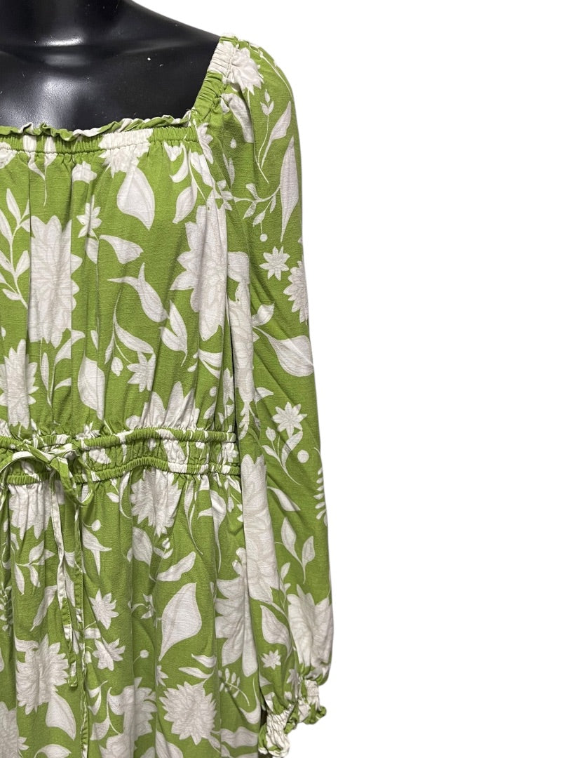 1XL Ava & Viv Floral Long Sleeve Tie Waist Dress Green Boho Style