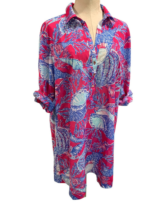 XL Talbots Womens Bathing Cover Up Roll Tab Sleeves Shell Print