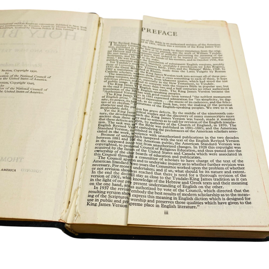 1950s Holy Bible in Hinged Cedar Box Revised Standard Nelson