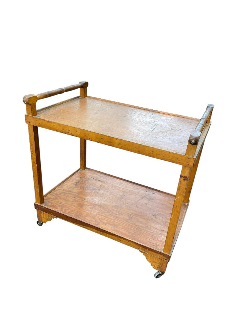 Oak Rolling Wooden Bar Cart Vintage 2 Shelves Garden Kitchen