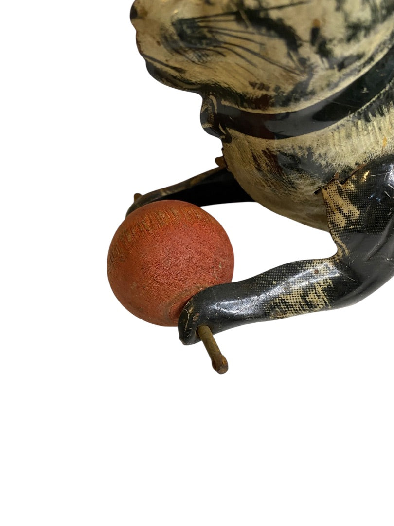 1930s Marx Tin Toy Friction Lever Cat with Wooden Ball 8" Length