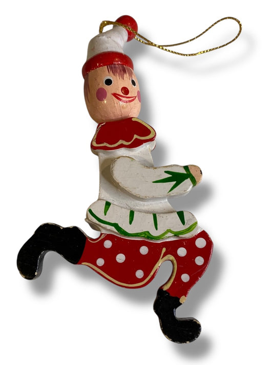 Vintage Wooden Christmas Ornament Running Jester Clown 4.75"