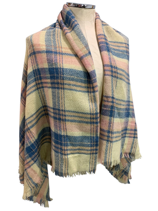 Soft Pastel Plaid Shawl Fringed 56" Square Wrap