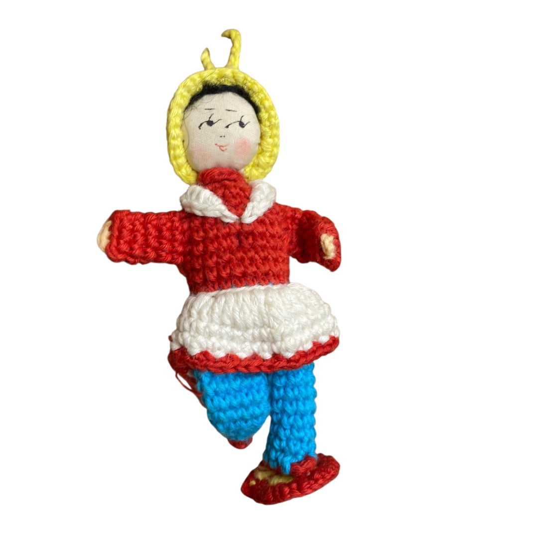 Vintage Amigurumi Japanese Crochet Doll 3" Silk Face Red Blue