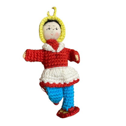 Vintage Amigurumi Japanese Crochet Doll 3" Silk Face Red Blue