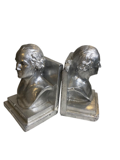1960 Distressed Pair of Bookends Silver Bust of Washington Plaster Creepy