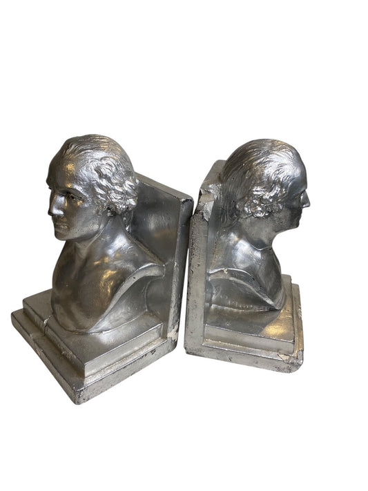1960 Distressed Pair of Bookends Silver Bust of Washington Plaster Creepy