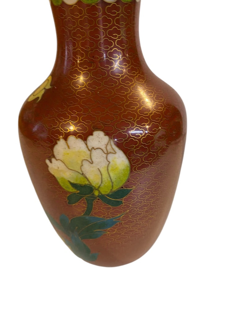 Vintage Oriental Yellow Peonies Enamel Cloisonne Vase 7"