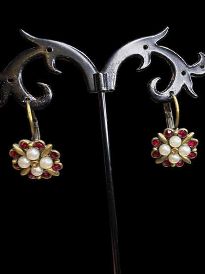 Goldtone Leverback Pierced Earrrings Floral Shape Red 1" Drop