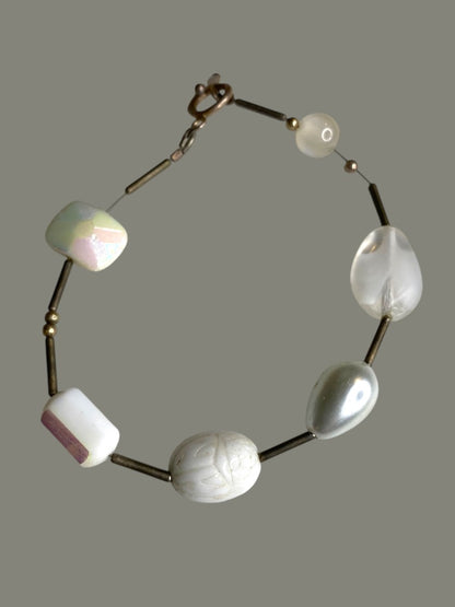Silvertone and White Beaded Bracelet Toggle Clasp 7.5"