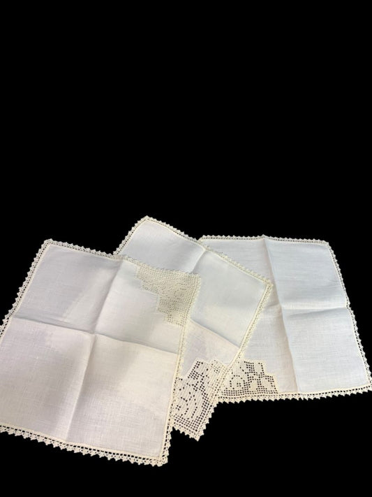 Vintage Set of 3 Linen Napkins Intricate Corner Lace and Trim 12" Square