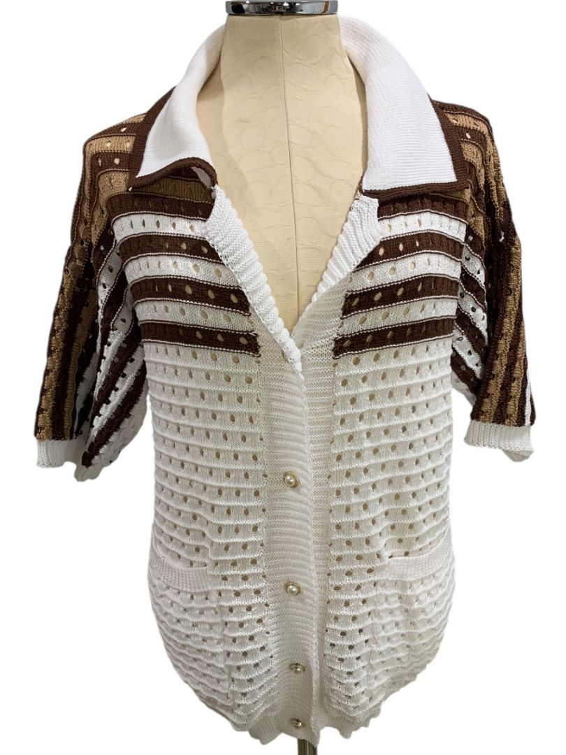 XL Vintage Womens Short Sleeve Loose Knit Collared Cardigan