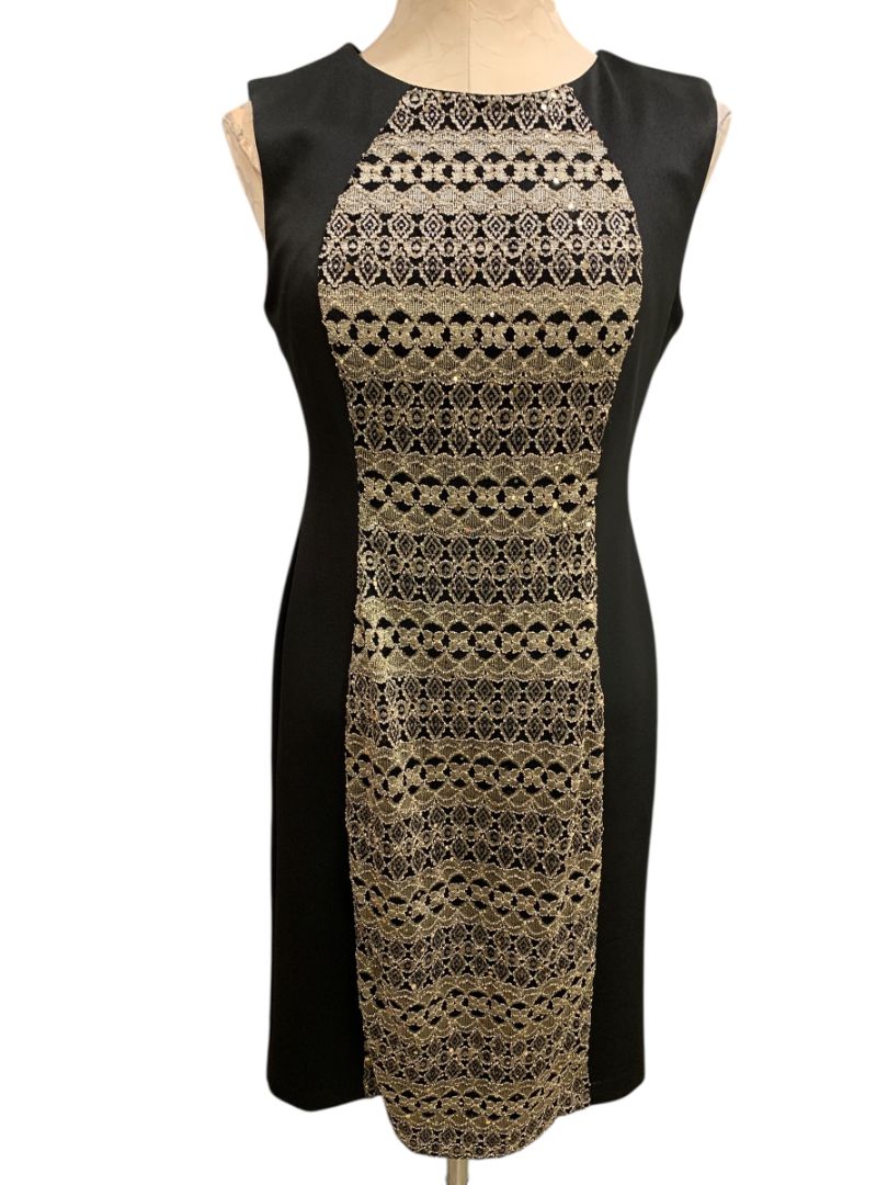 Size 8 R&M Richards Sheath Dress New Black Gold Embellished Style 9947