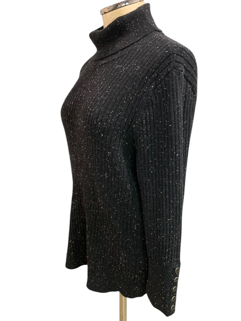Size 1X Talbots Woman Black Flecked Turtleneck Sweater Ribbed Knit