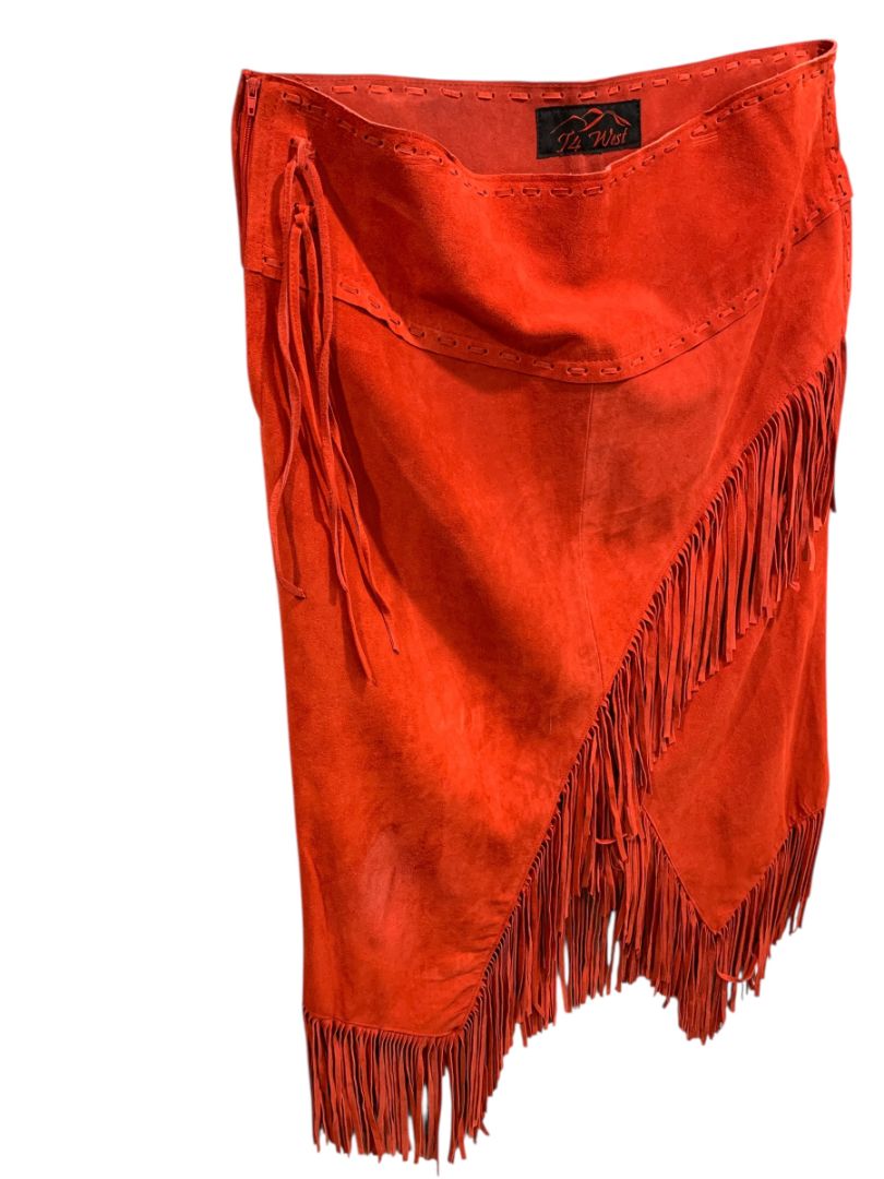 Size 3X T4 West Red Suede Midi Skirt Fringed Western Dance Rodeo