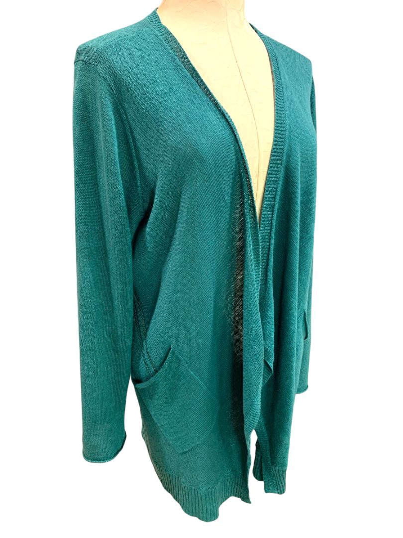 Large Eileen Fisher Womens Linen Teal Cardigan Sweater Pockets Open