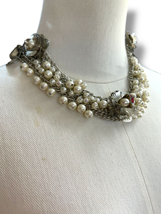 New Silvertone and Faux Pearl Statement Necklace Multistrand 17" + 2" Extender