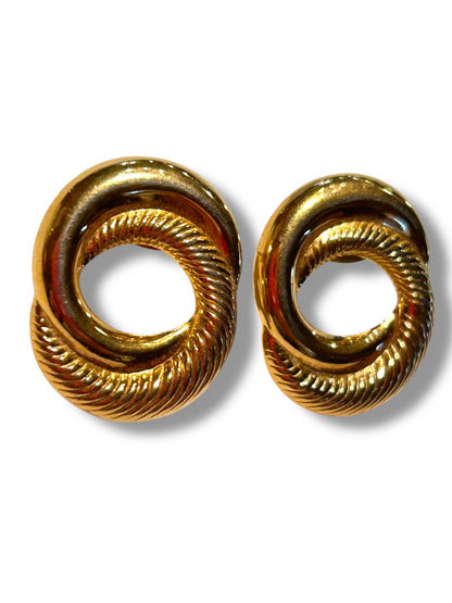Goldtone Post Pierced Earrings Circle Design Smooth Textured 1" Diameter